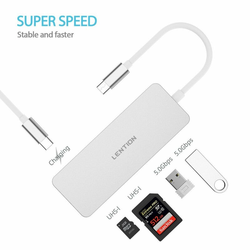 LENTION 5-in-1 USB-C Multiport Charging Adapter, with Type-C Charging Port, 2 USB 3.0 Ports, and SD/TF Card Reader (Silver)
