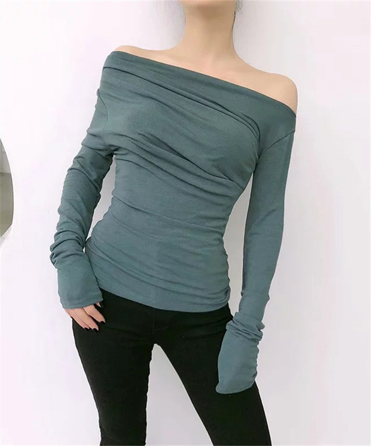 Long-sleeved t-shirt word collar pleated off-the-shoulder top