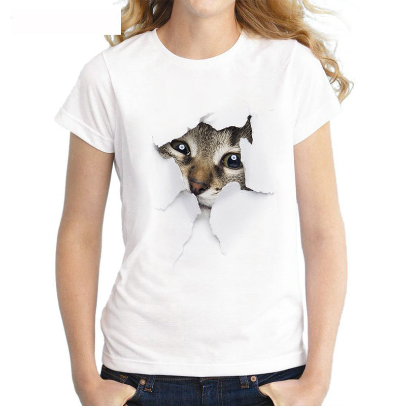 Slim Short-Sleeve Cat-Print t-Shirt Streetwear