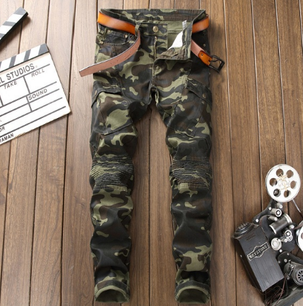 Camouflage men's jeans straight micro-elastic motorcycle pants