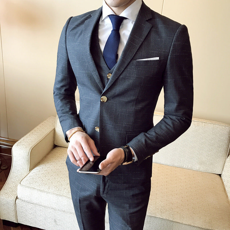 Slim-fit men's plaid print three-piece suit