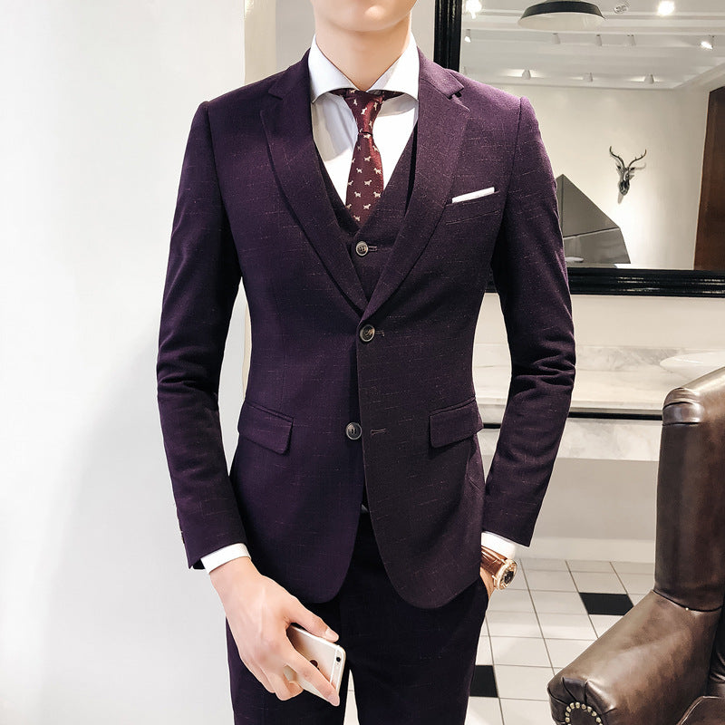 Slim-fit men's plaid print three-piece suit