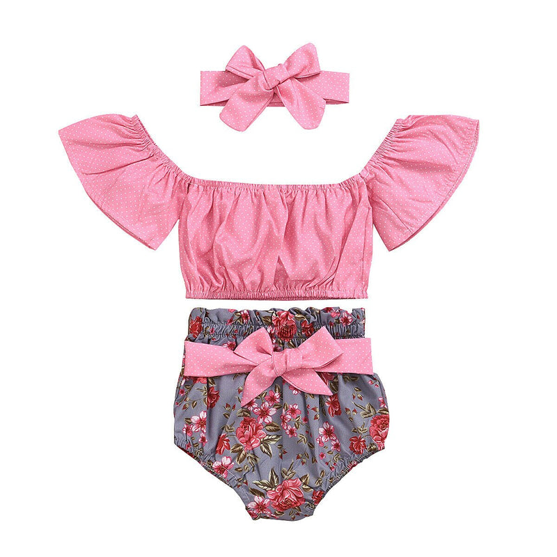 Baby Polka Dot Top Floral Shorts Pink Turban Set