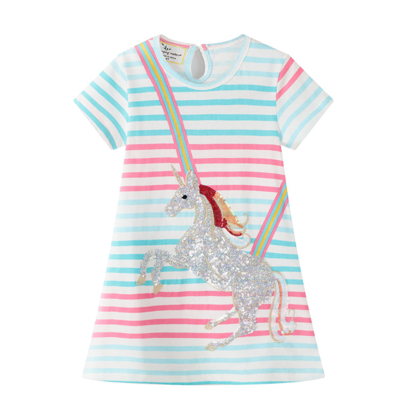 Summer New Children's Skirt Sequined Unicorn Embroidery Girls Dress