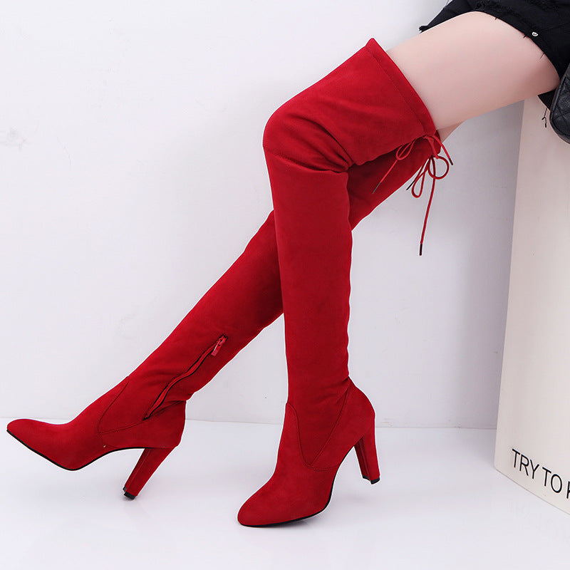 Pointed matte leather thick with high-heeled boots