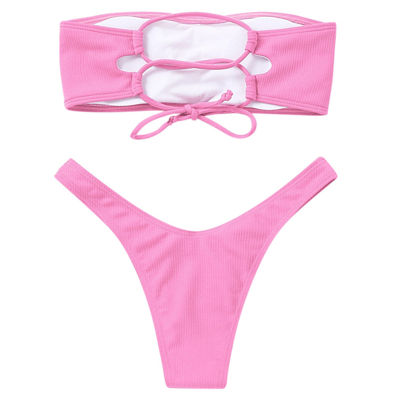 Strapless Backless Padded Lace-up Bikini Set