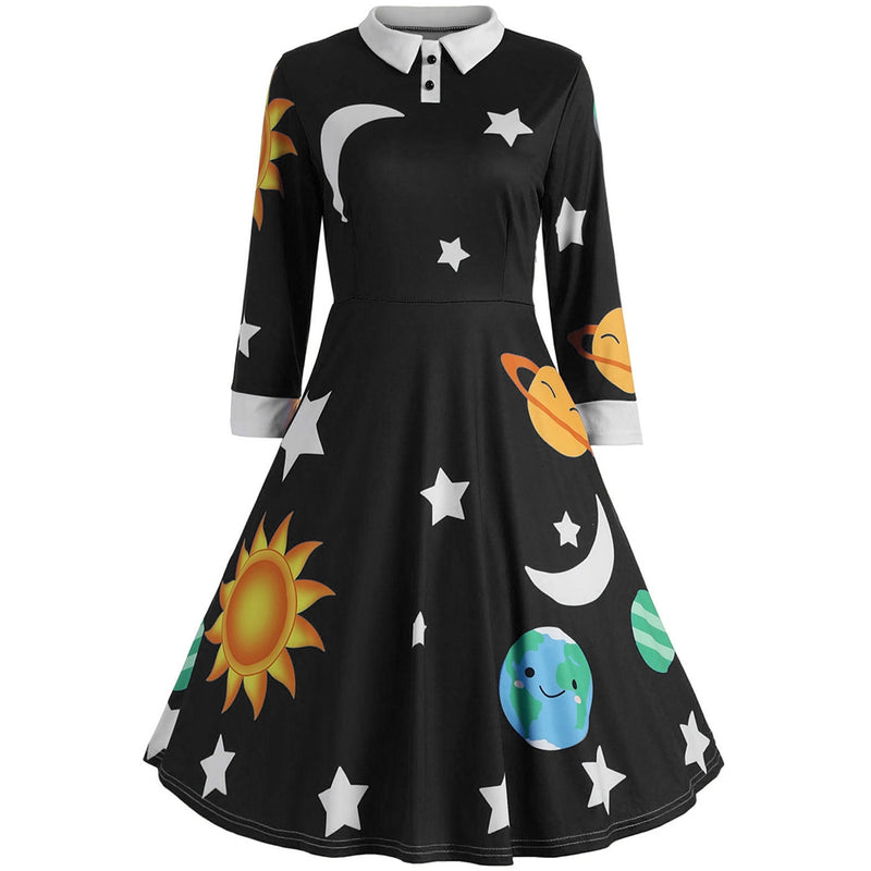 Women Vintage A-line Dress Peter Pan Collar Long Sleeve Planet Print for Party - For Sale.bid