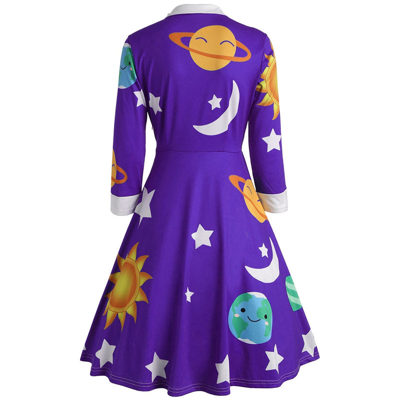 Women Vintage A-line Dress Peter Pan Collar Long Sleeve Planet Print for Party - For Sale.bid
