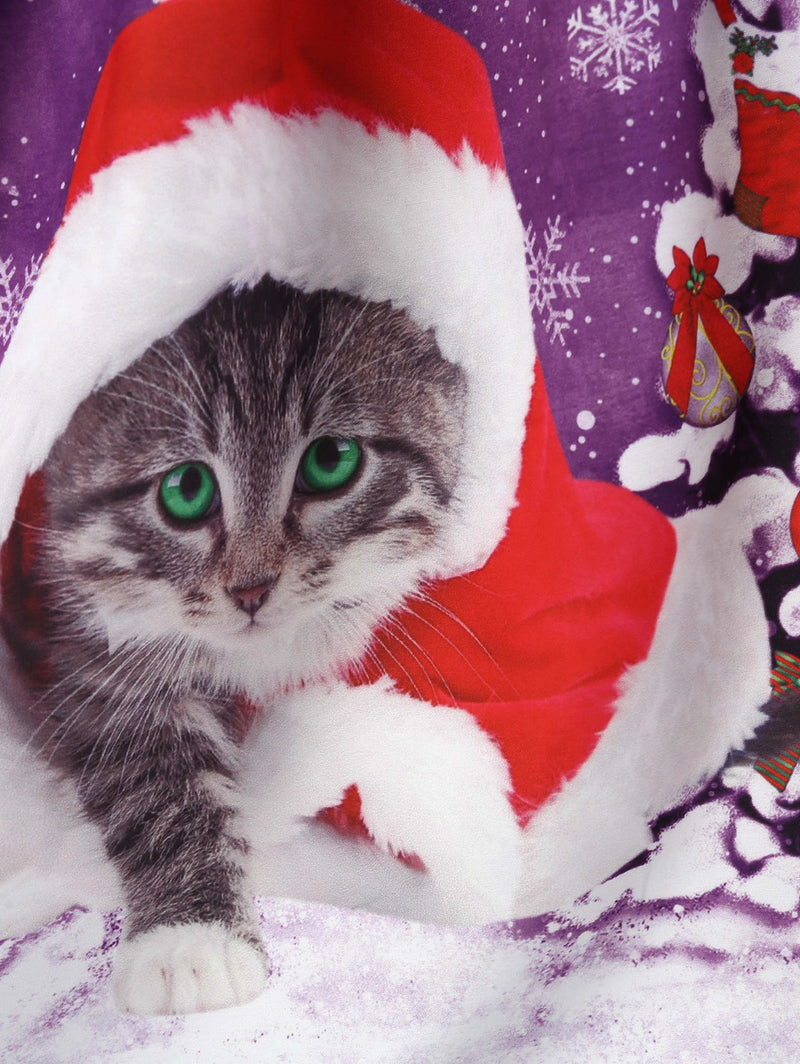 Christmas Hat Cat Print Shirred Sleeveless Dress - ForSale.bid
