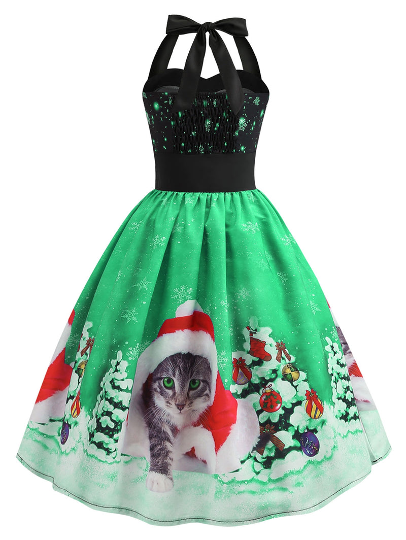 Christmas Hat Cat Print Shirred Sleeveless Dress - ForSale.bid