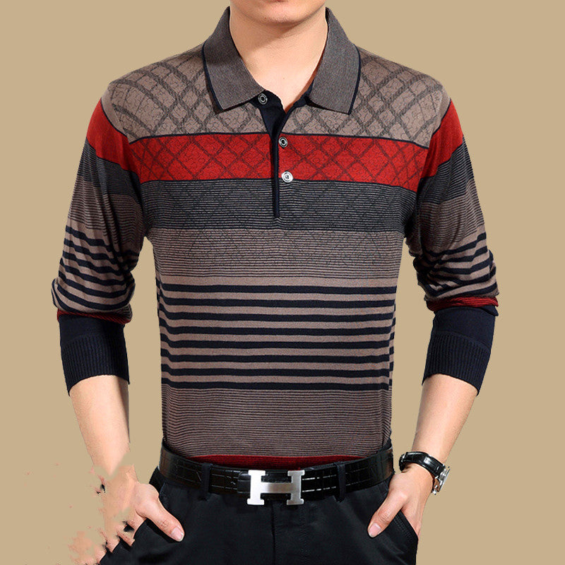 Spring and autumn middle-aged men's long-sleeved T-shirt cotton lapel