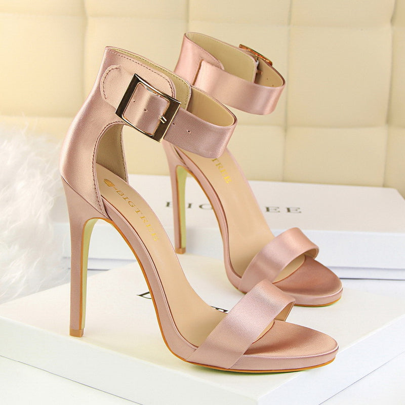 Satin sexy stiletto platform high heels with buckled sandals