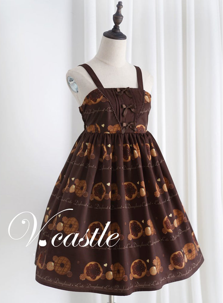 Super Cute Women's Doughnut Biscuit Printing Lolita JSK Dress Sleeveless Suspender Kawaii Dress Bows Elastic Color Brown