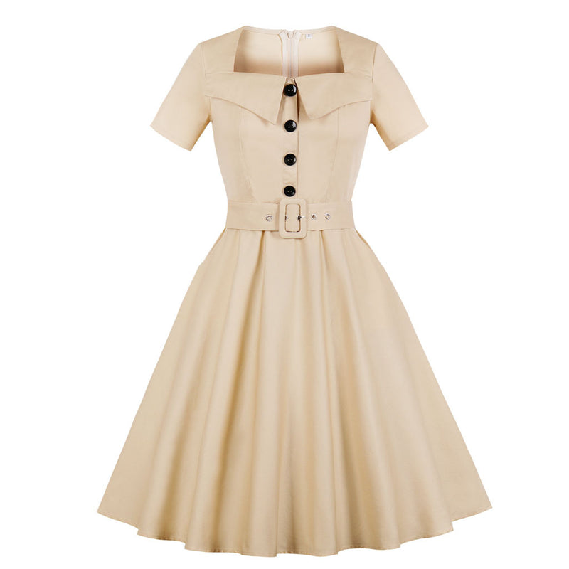 Women's short sleeve solid color pocket Hepburn style dress