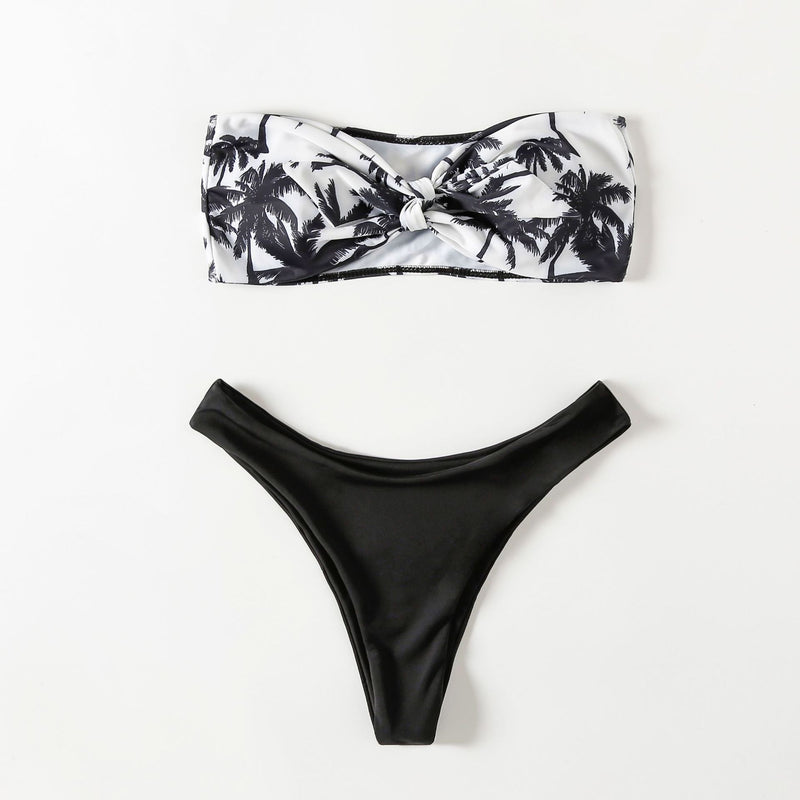 Black and white printed knotted split bikini