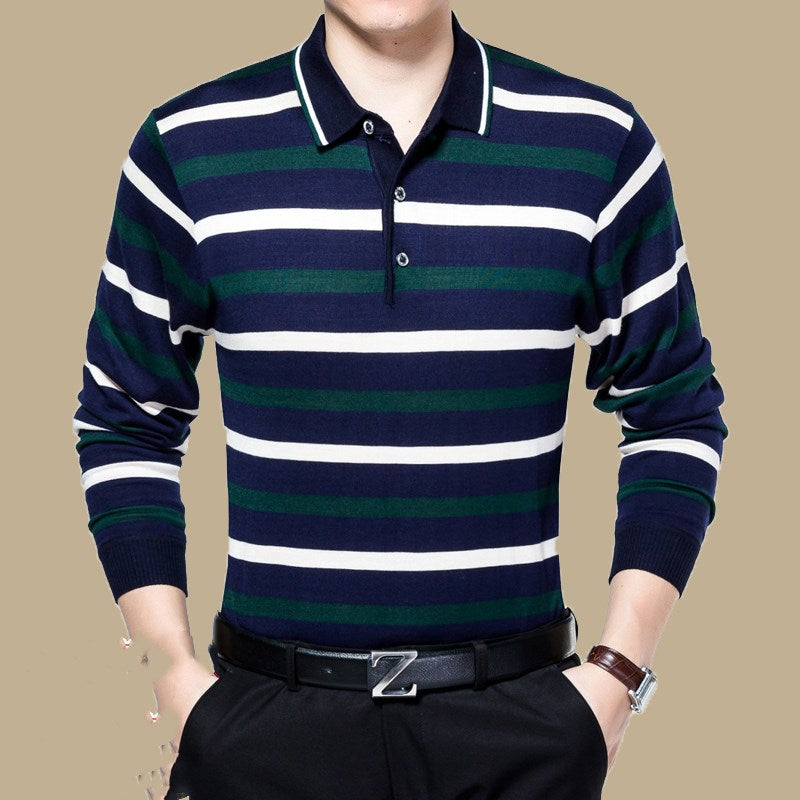 Spring and autumn middle-aged men's long-sleeved T-shirt cotton lapel