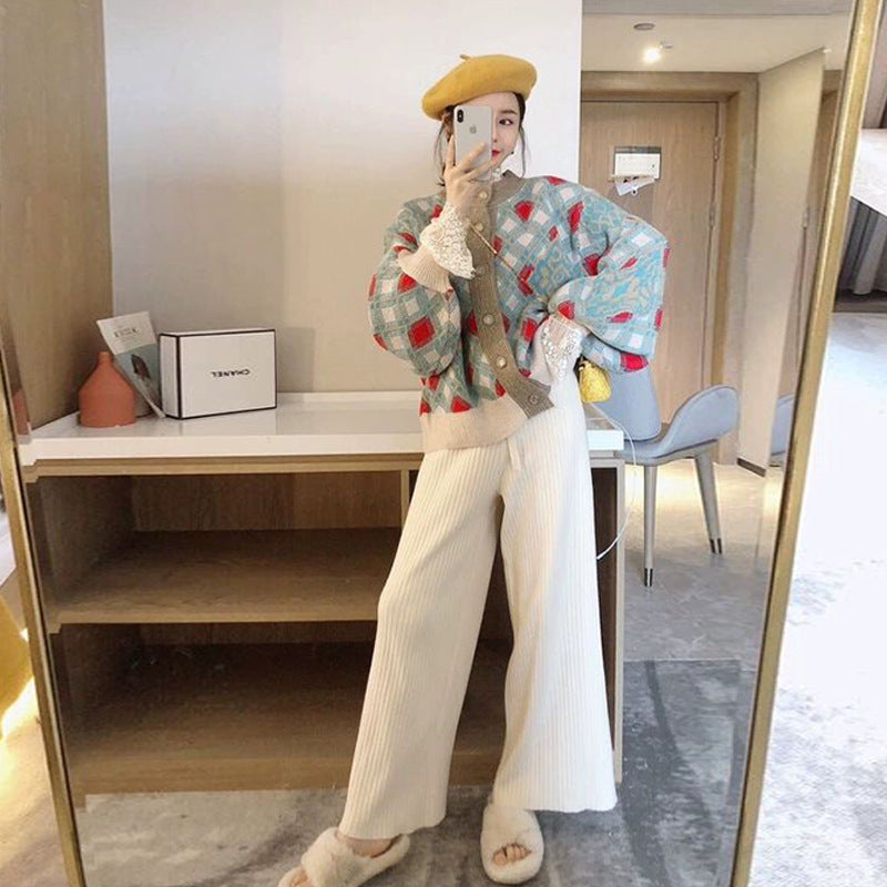 Loose Color Thick Sweater Slimming Knitted Trousers Three Piece Suit