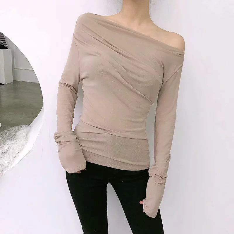 Long-sleeved t-shirt word collar pleated off-the-shoulder top