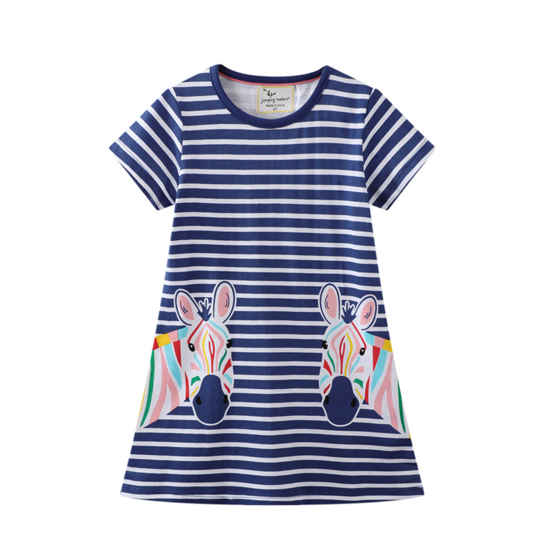 Short-sleeved Children's Dress With Striped Animal Print