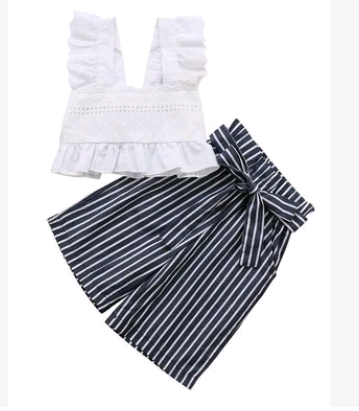 Angie Lace Set | Short feature top + waist knot striped wide leg pants girl two piece set