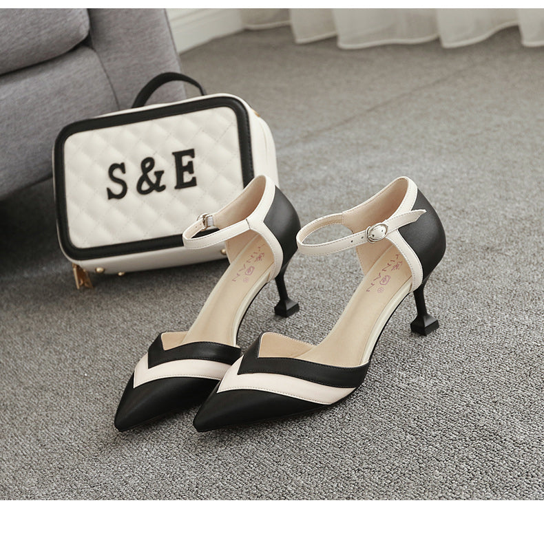 Versatile stiletto pointed one-point buckle high-heeled shoes