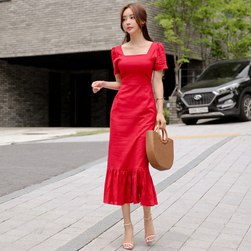 Ladies elegant temperament red long ruffled slit dress