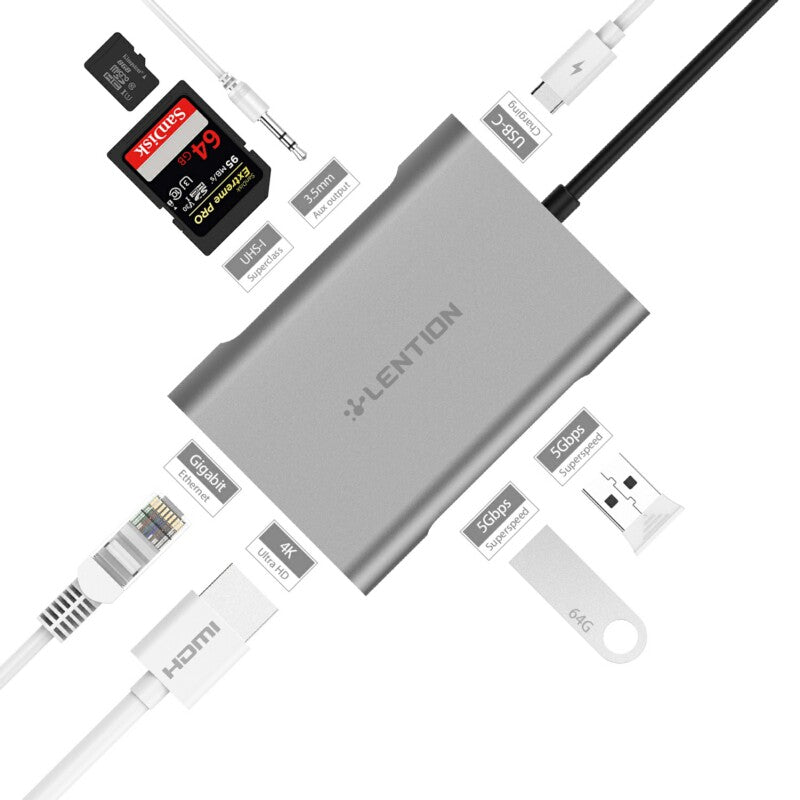 LENTION C58EHCR 7-In-1 USB-C Hub, with USB 3.0 Port, HDMI, Card Reader, RJ45, PD, 3.5mm Audio Jack, Port Adapter (Dark Gray)