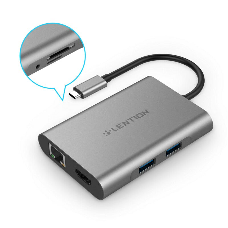 LENTION C58EHCR 7-In-1 USB-C Hub, with USB 3.0 Port, HDMI, Card Reader, RJ45, PD, 3.5mm Audio Jack, Port Adapter (Dark Gray)
