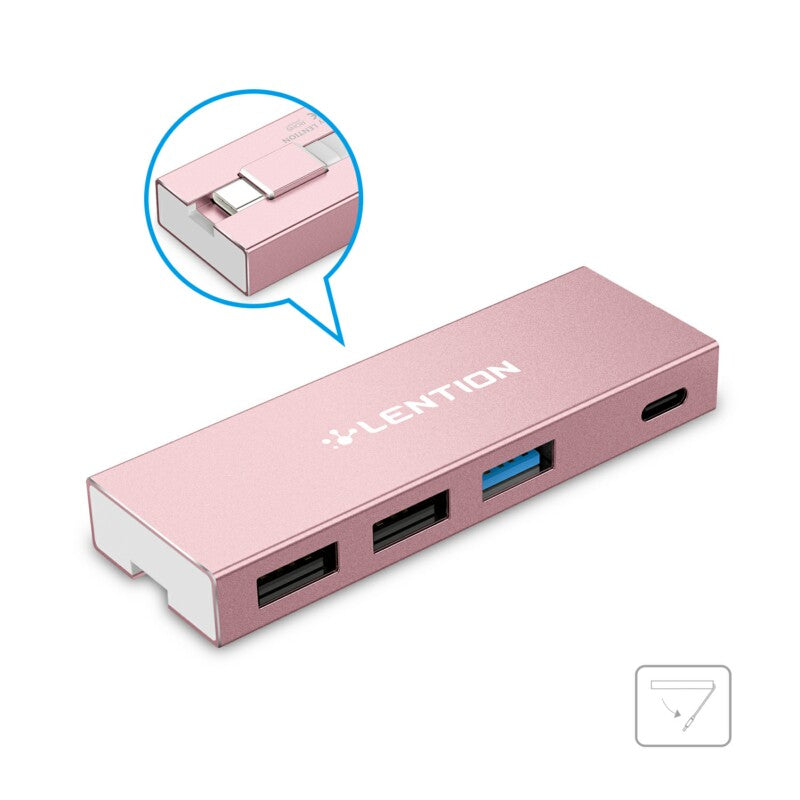 LENTION 4-In-1 USB-C Hub, with Type-C Charging Port and USB 2.0 Port, USB 3.0 Port, Thunderbolt 3 Compatible (Rose Gold)