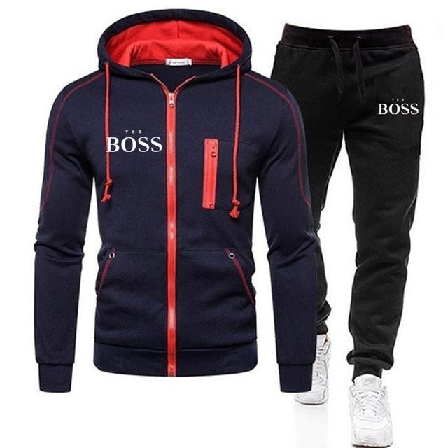 Yes Boss Men's Zipper Hoodie + Pants Two Pieces Tracksuit