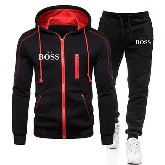 Yes Boss Men's Zipper Hoodie + Pants Two Pieces Tracksuit