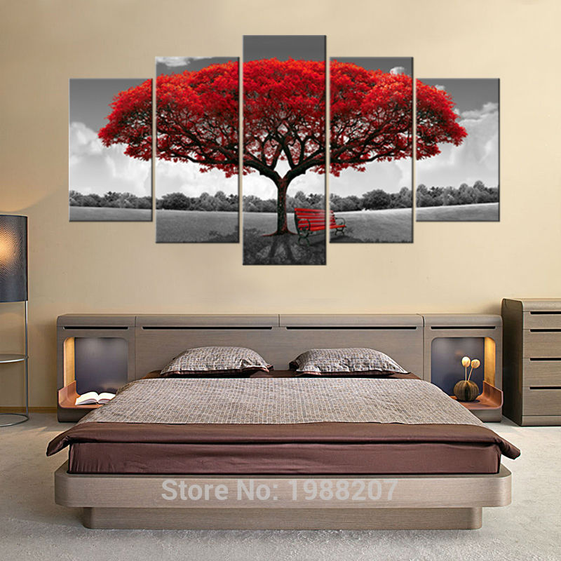 Amosi Art-5 Panels Red Tree Canvas Painting 